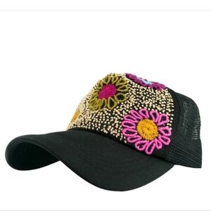 Tulum Trucker Hat with Colorful Hand Embroidered Flower Accents